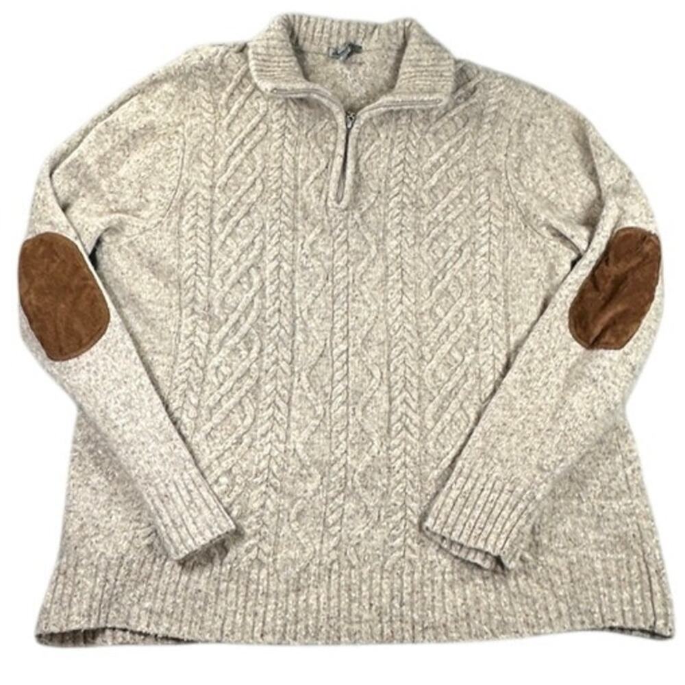 Johnston & Murphy Cable Knit Quarter Zip Sweater Lambswool Elbow Patches XL